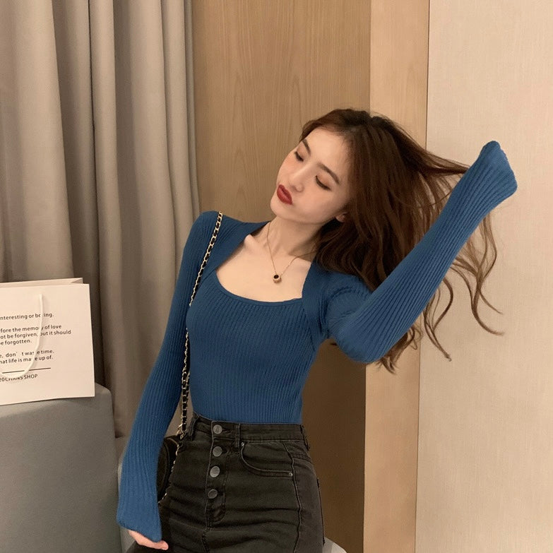 Square Neck Long Sleeve Soft Knitted Top