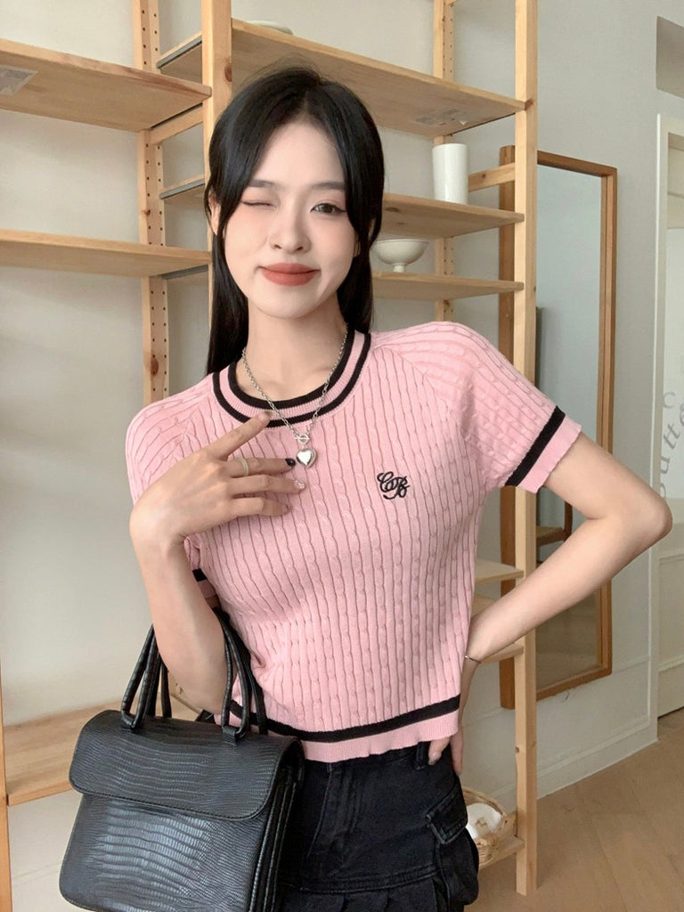 Embroidery Front Braided Pattern Knitted Top