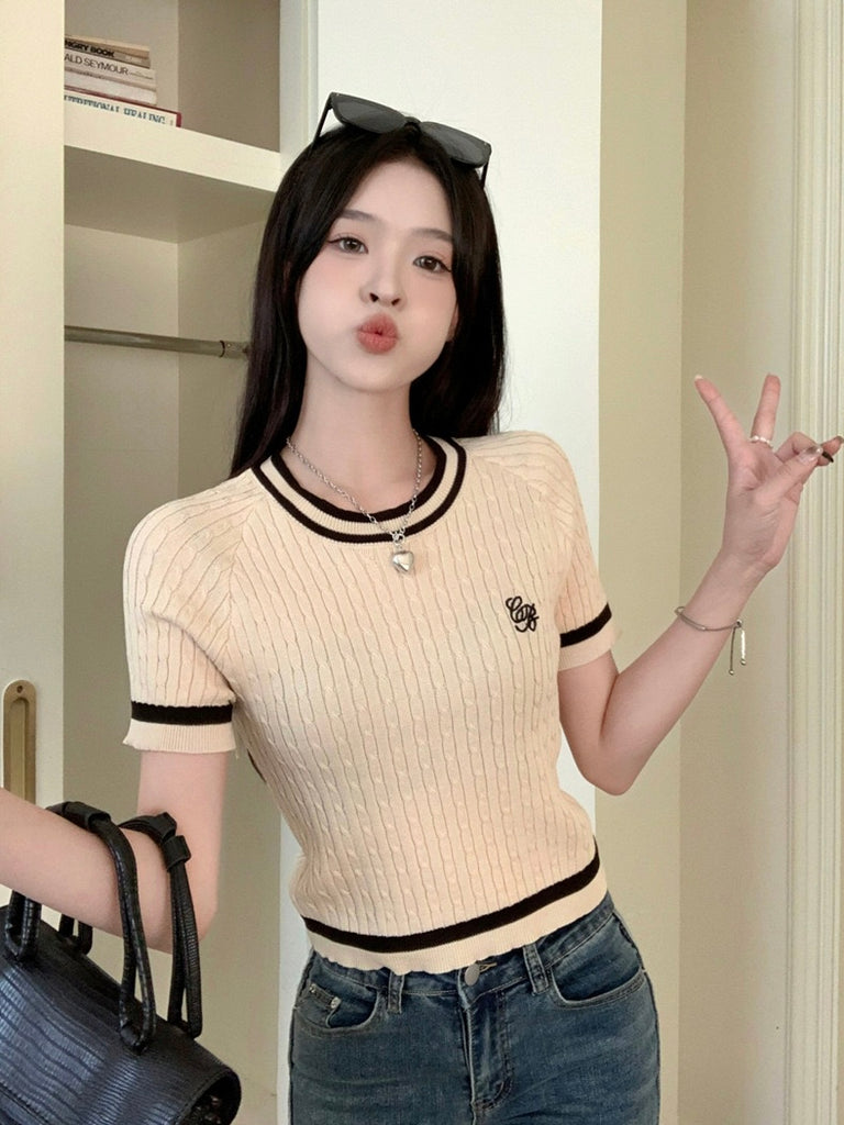 Embroidery Front Braided Pattern Knitted Top