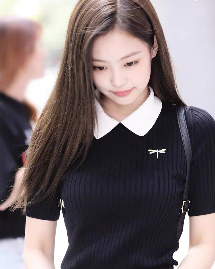 Blackpink Fashion Two Tone Polo Neck Knitted Top
