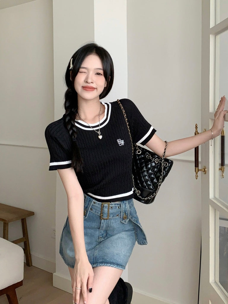 Embroidery Front Braided Pattern Knitted Top