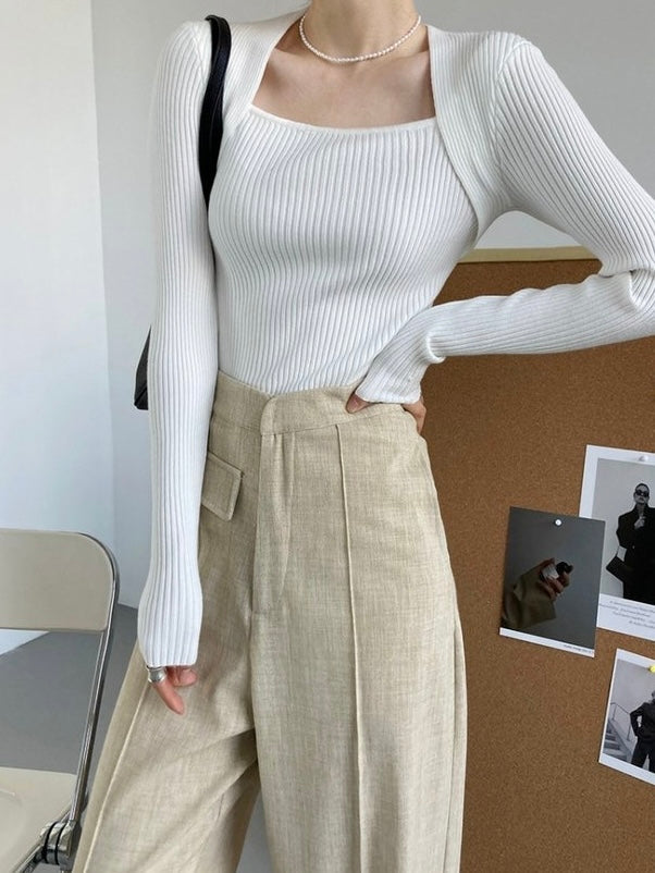 Square Neck Long Sleeve Soft Knitted Top