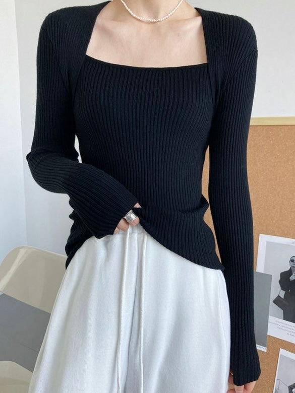 Square Neck Long Sleeve Soft Knitted Top