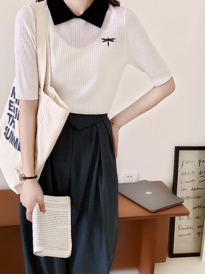 Blackpink Fashion Two Tone Polo Neck Knitted Top