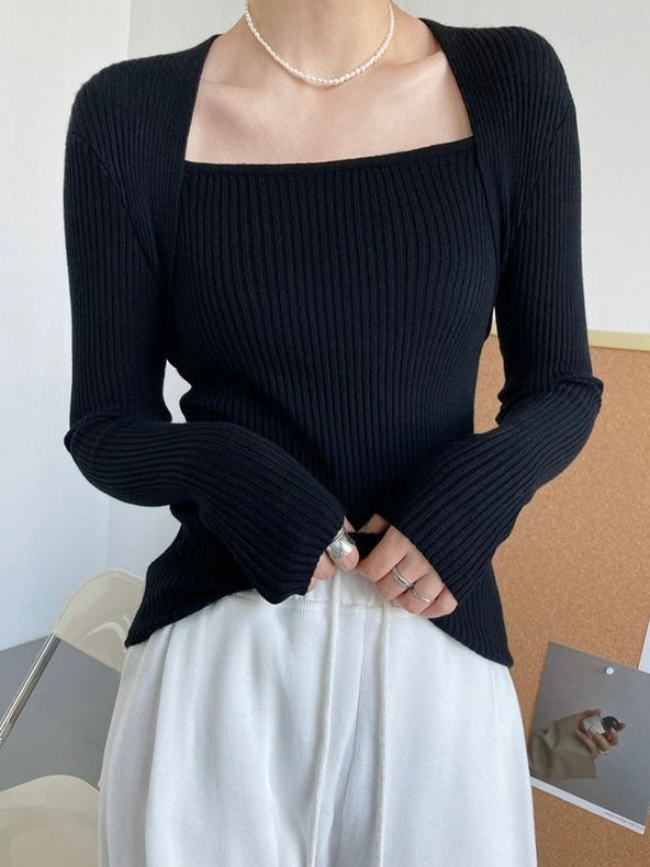 Square Neck Long Sleeve Soft Knitted Top