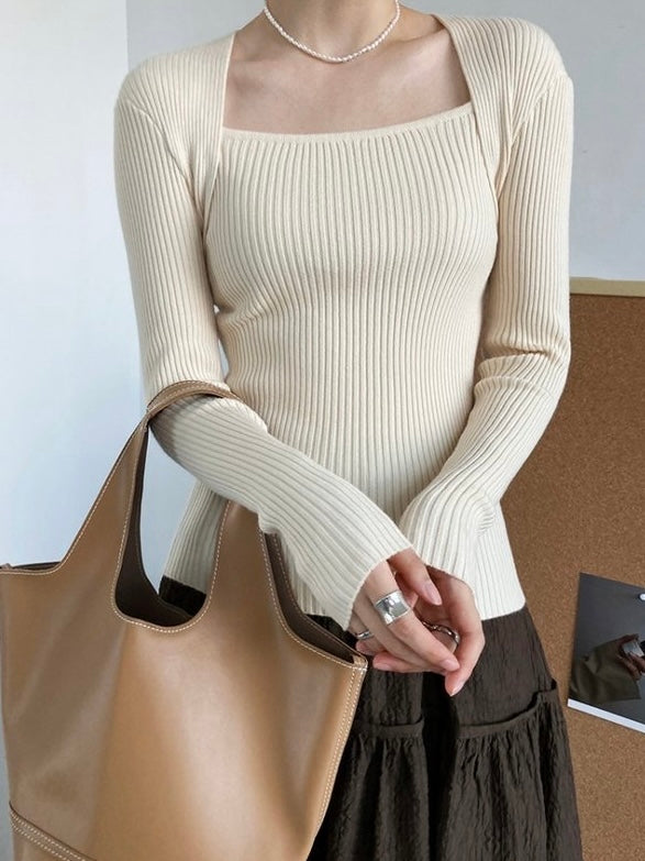 Square Neck Long Sleeve Soft Knitted Top