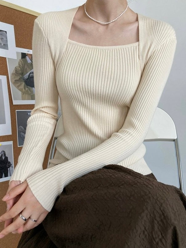 Square Neck Long Sleeve Soft Knitted Top