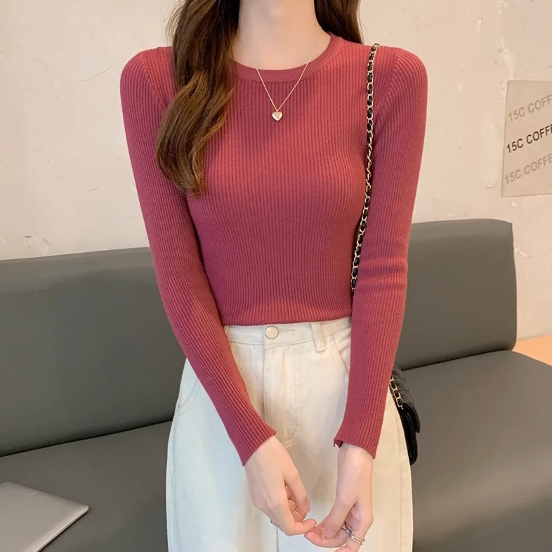 Round Neck Long Sleeve Basic Soft Knitted Top