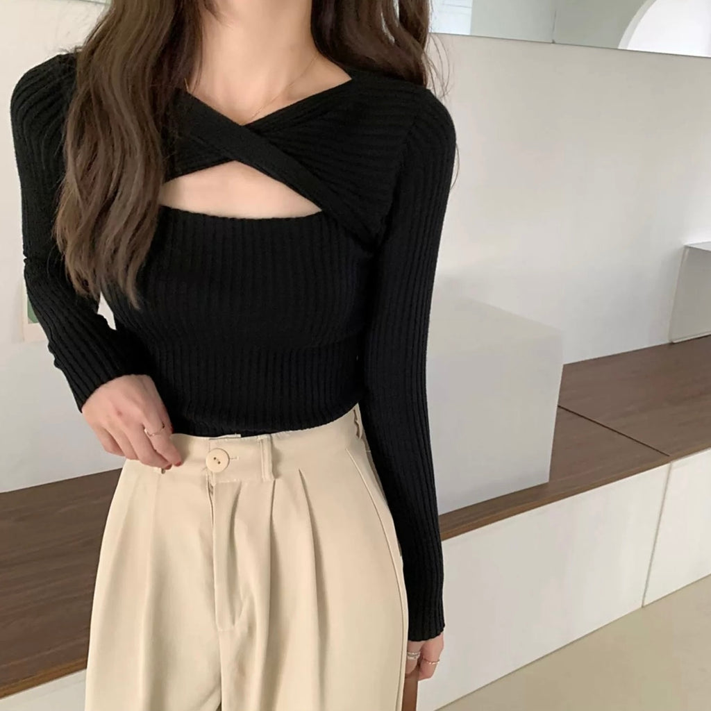 Crossover Front Neck Long Sleeve Soft Knitted Top