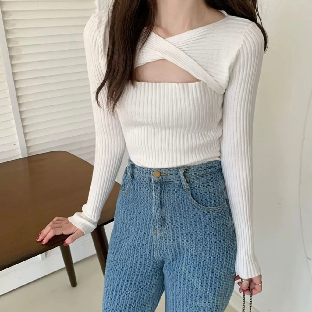 Crossover Front Neck Long Sleeve Soft Knitted Top