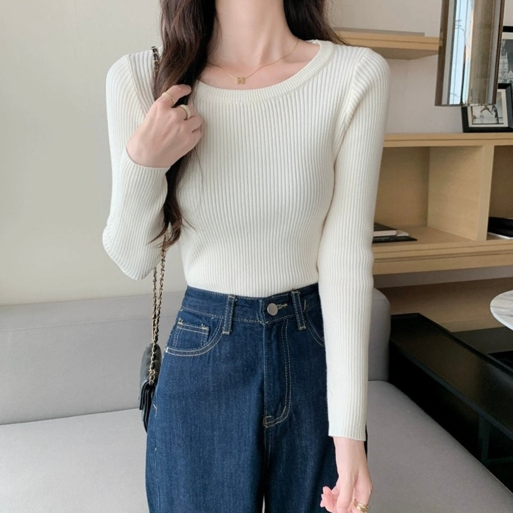 Round Neck Long Sleeve Basic Soft Knitted Top