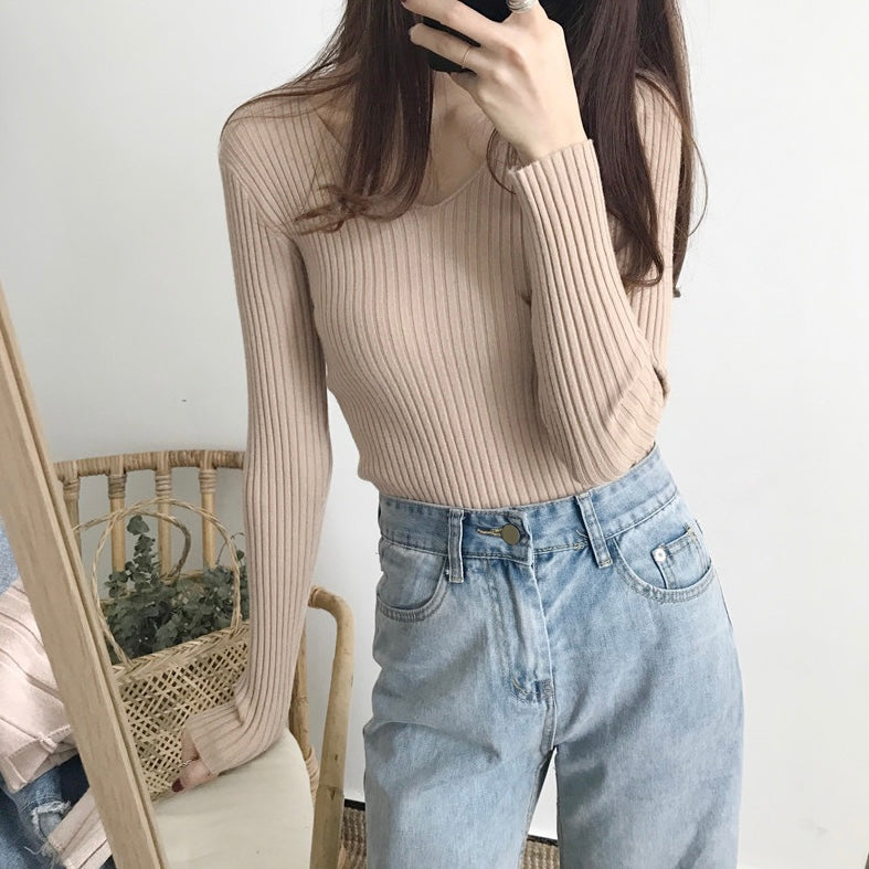 V-neck Long Sleeve Soft Knitted Top