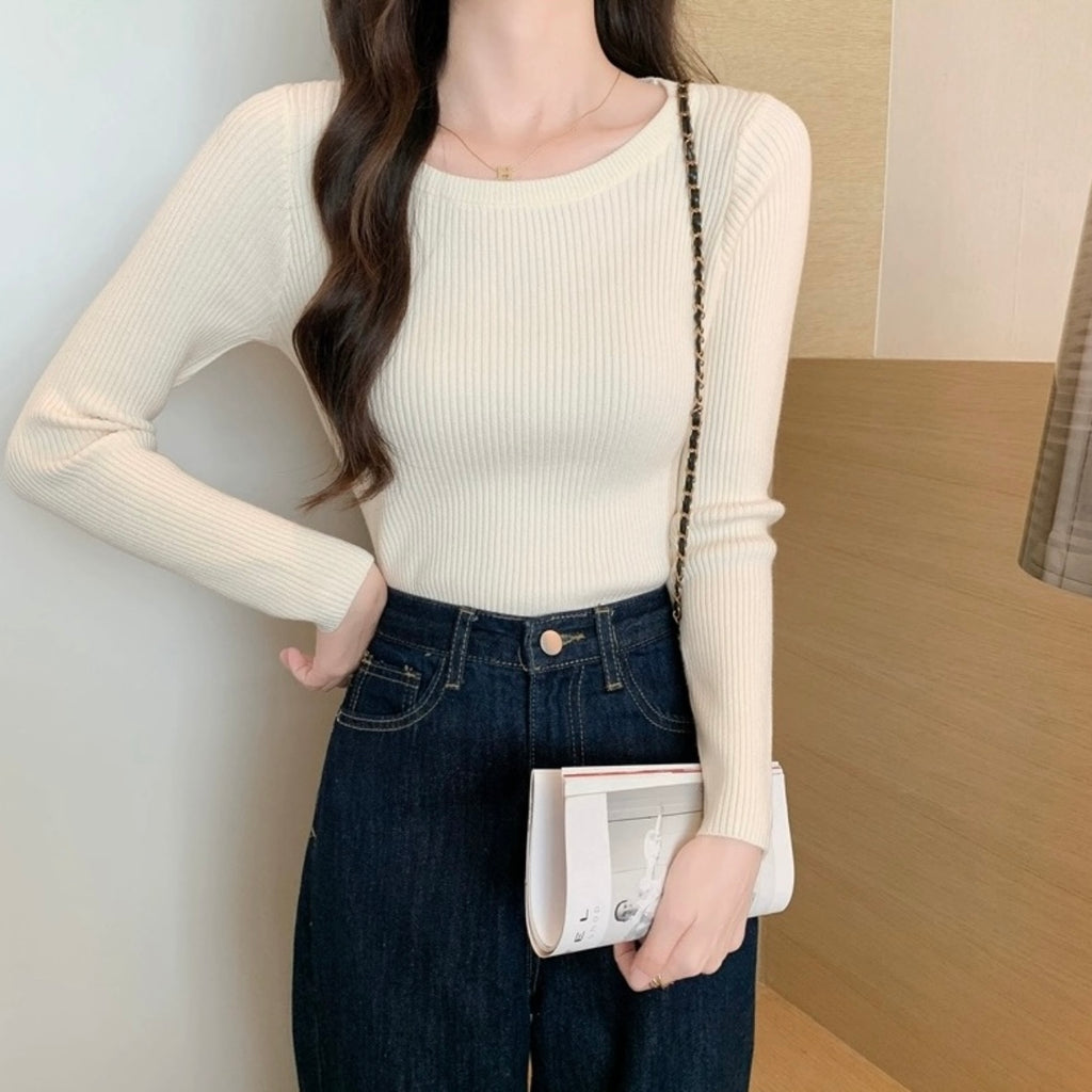 Round Neck Long Sleeve Basic Soft Knitted Top