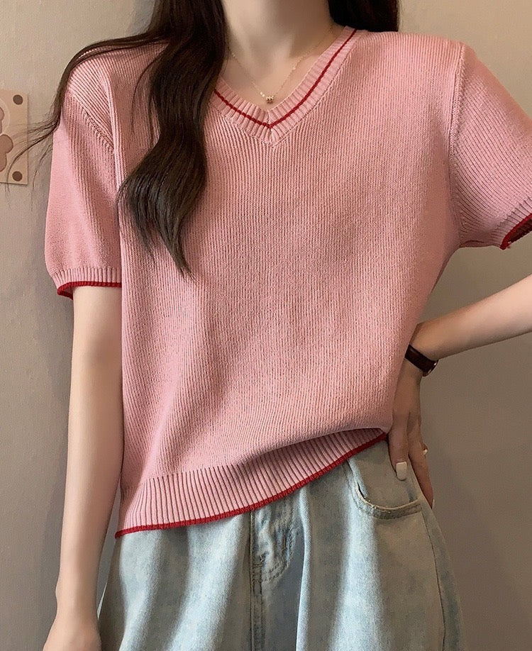 V-neck Two Tone Knitted Top