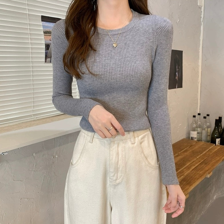 Round Neck Long Sleeve Basic Soft Knitted Top