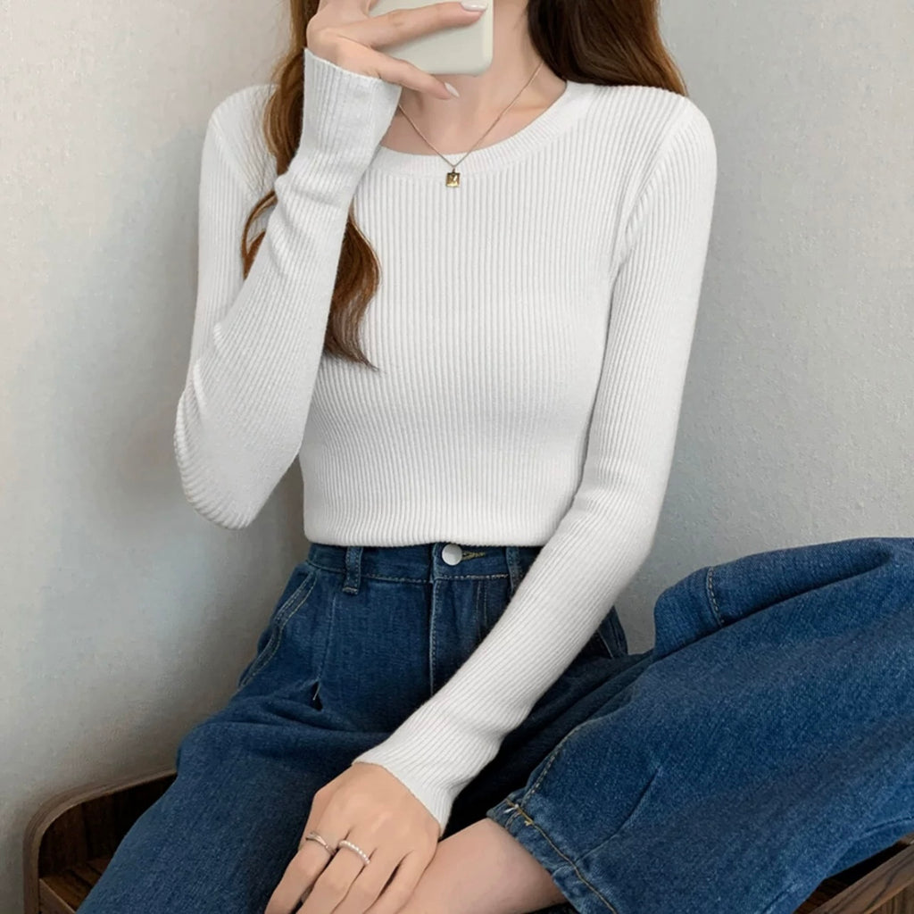 Round Neck Long Sleeve Basic Soft Knitted Top