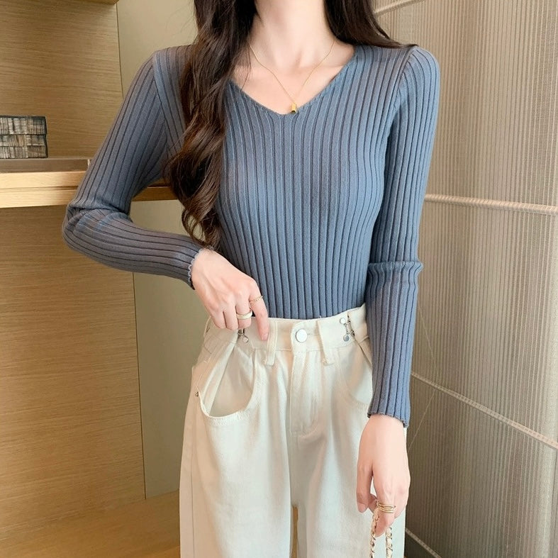 V-neck Long Sleeve Soft Knitted Top