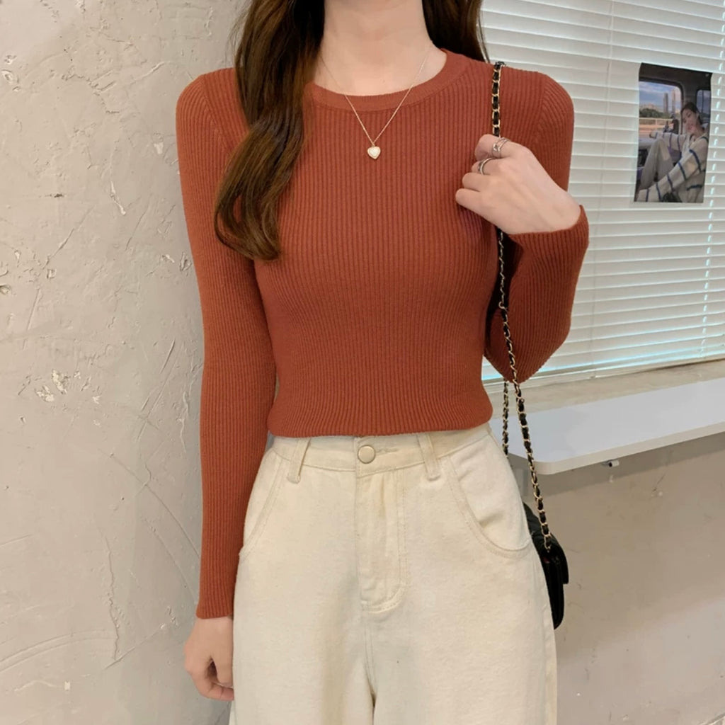 Round Neck Long Sleeve Basic Soft Knitted Top