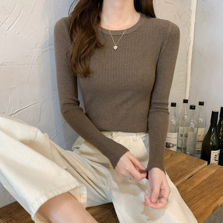 Round Neck Long Sleeve Basic Soft Knitted Top