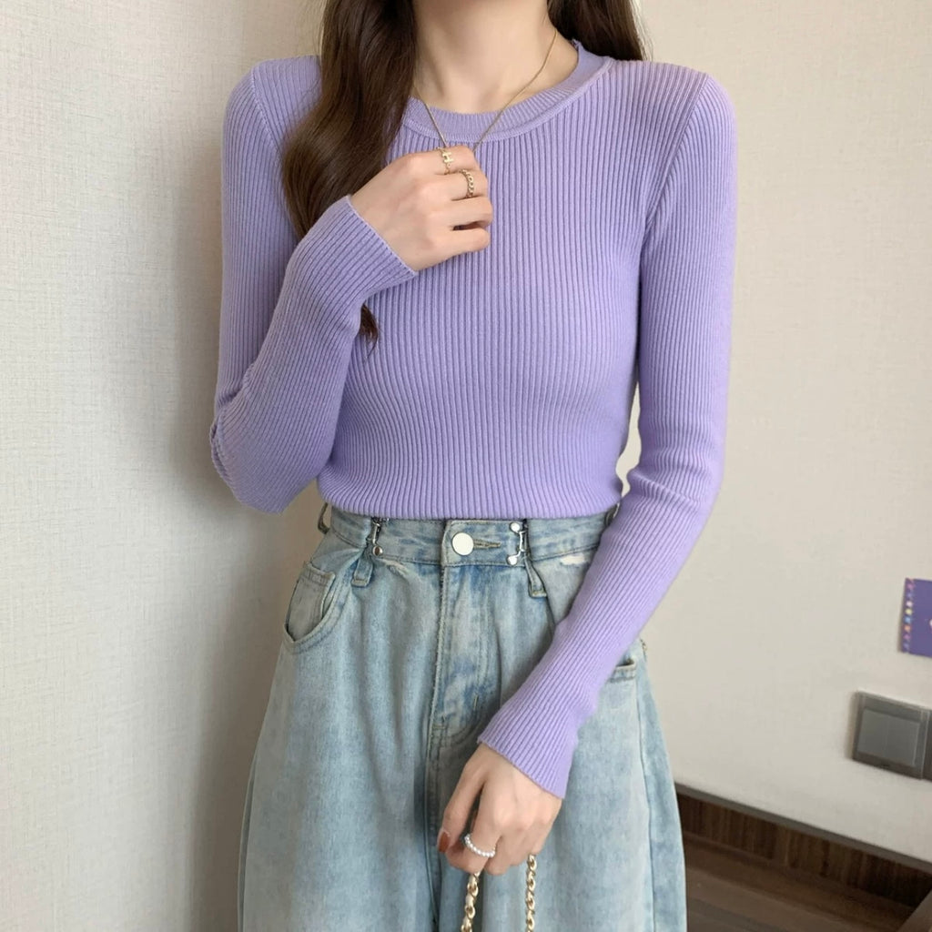 Round Neck Long Sleeve Basic Soft Knitted Top