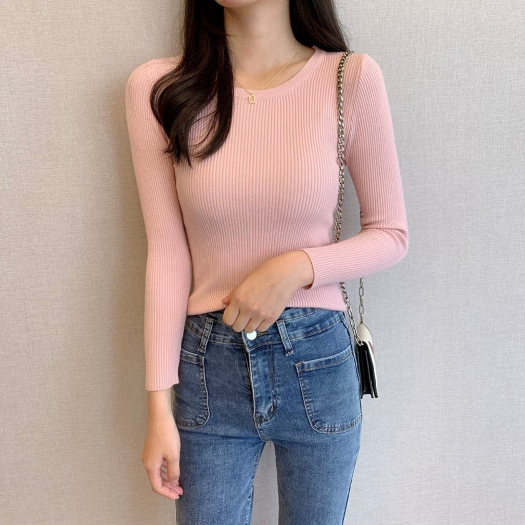 Round Neck Long Sleeve Basic Soft Knitted Top