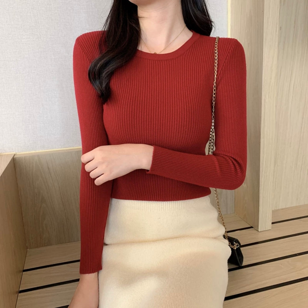 Round Neck Long Sleeve Basic Soft Knitted Top