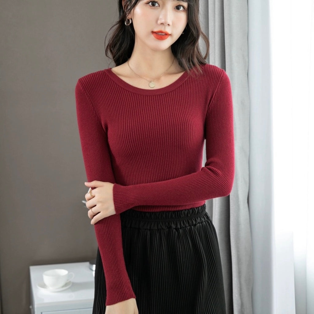 Round Neck Long Sleeve Basic Soft Knitted Top