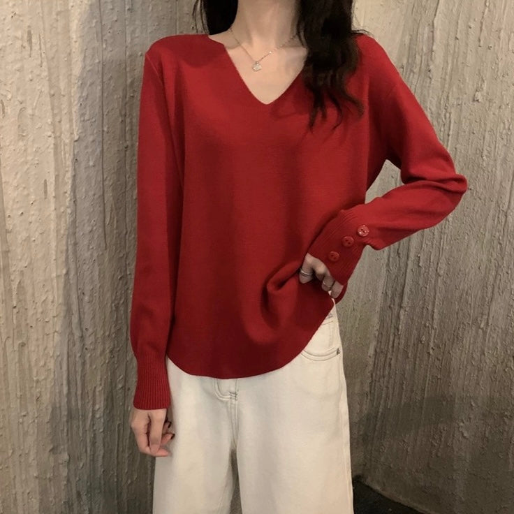 Button Detailed Long Sleeve V-neck Soft Knitted Top