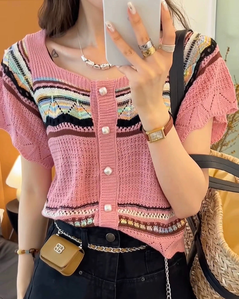 Ethnic Style Square Neck Button-up Knitted Top