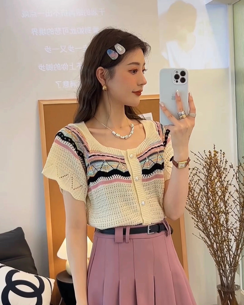 Ethnic Style Square Neck Button-up Knitted Top