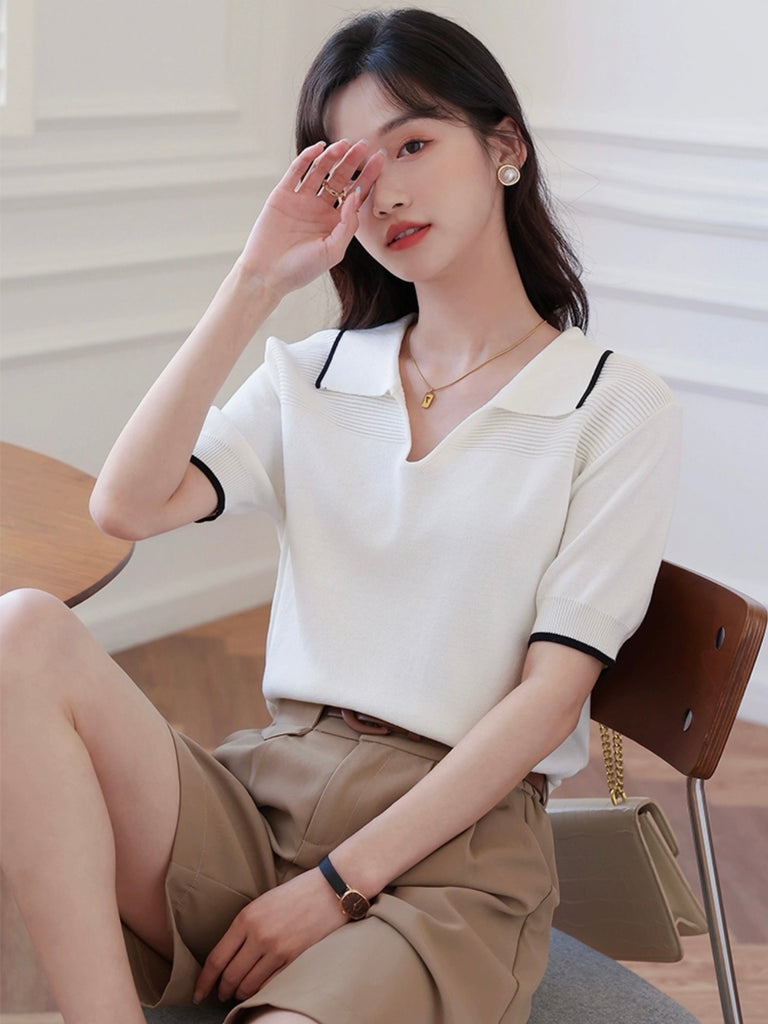 Embossed Stripe Pattern Notch Collar Neck Knitted Top