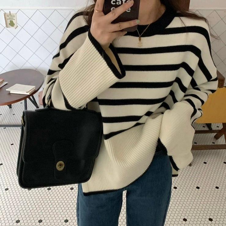 Side Split Stripe Long Sleeve Loose Knitted Top