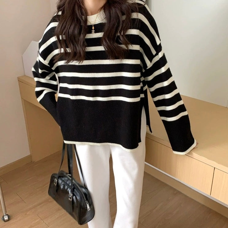 Side Split Stripe Long Sleeve Loose Knitted Top