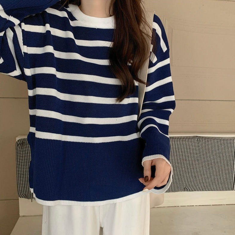 Side Split Stripe Long Sleeve Loose Knitted Top