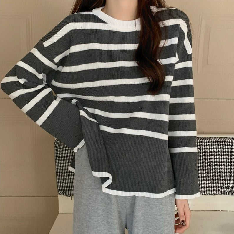 Side Split Stripe Long Sleeve Loose Knitted Top