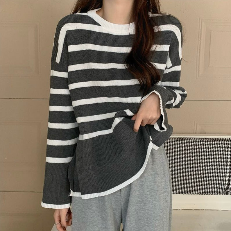 Side Split Stripe Long Sleeve Loose Knitted Top