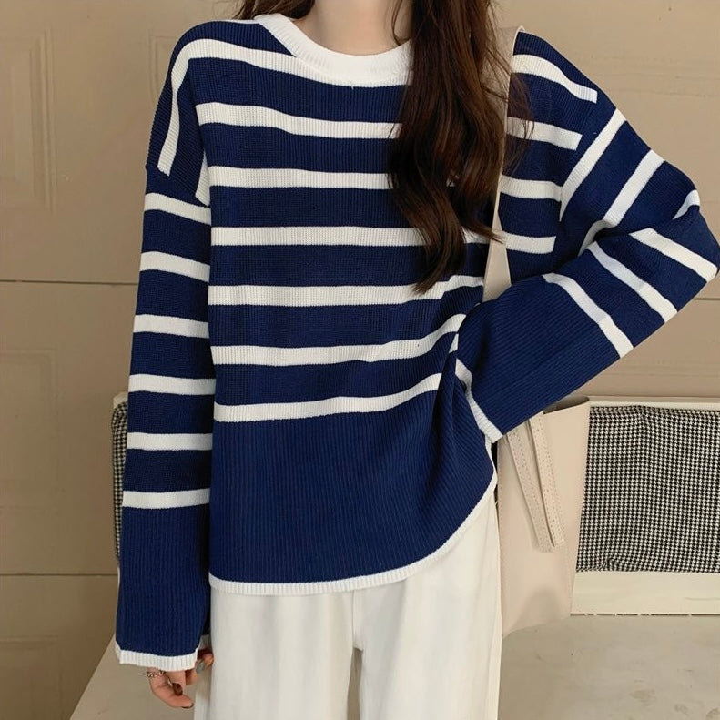 Side Split Stripe Long Sleeve Loose Knitted Top