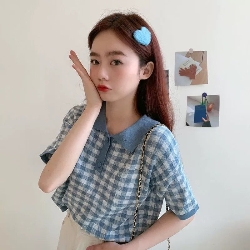 Button Down Collar Neck Plaid Pattern Loose Knitted Top