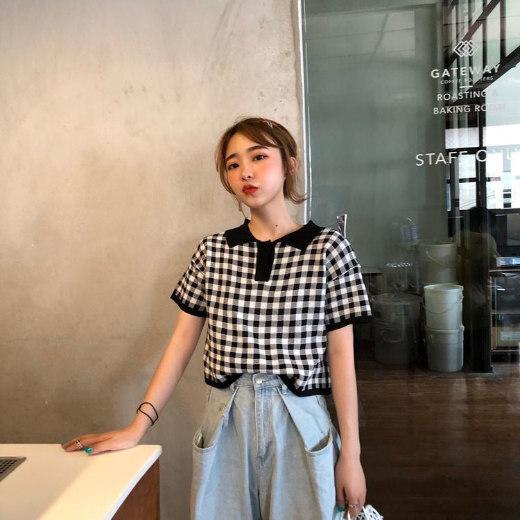 Button Down Collar Neck Plaid Pattern Loose Knitted Top