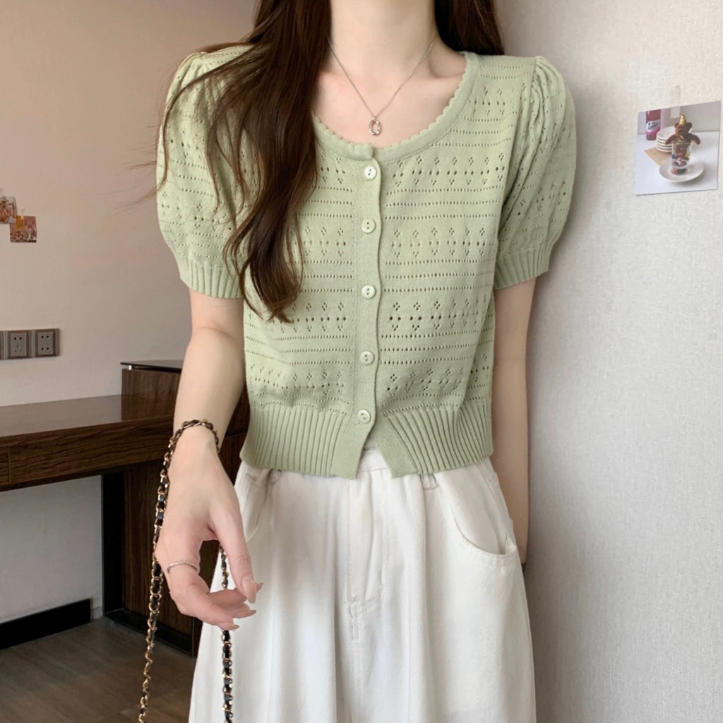 Button-up Eyelet Knitted Crop Top