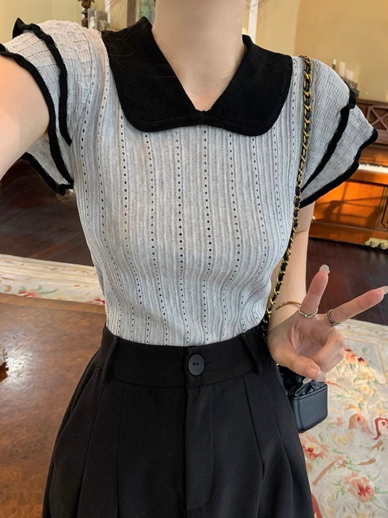 2-layer Ruffle Sleeve Eyelet Polo Neck Knitted Top