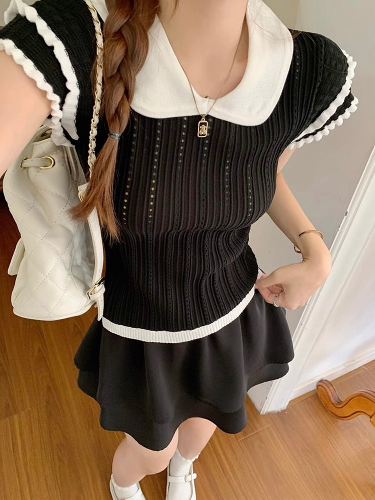 2-layer Ruffle Sleeve Eyelet Polo Neck Knitted Top
