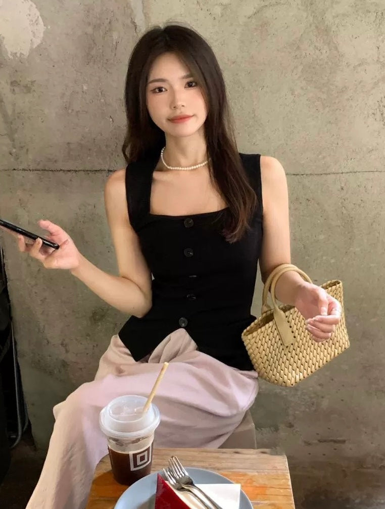 Square Neck Slit Front Buttons Detail Knitted Top