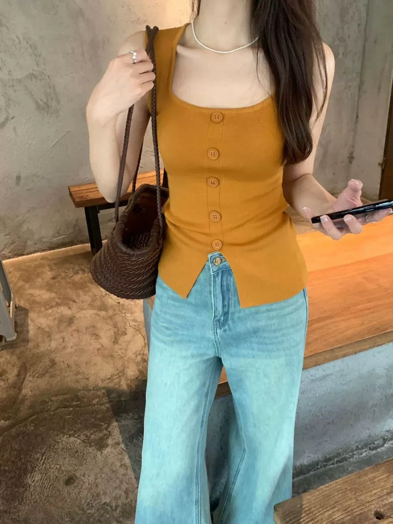 Square Neck Slit Front Buttons Detail Knitted Top