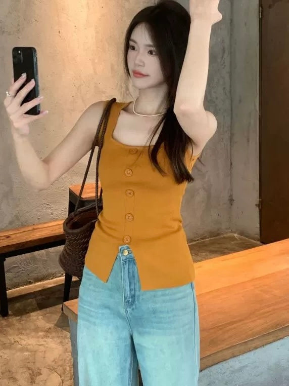 Square Neck Slit Front Buttons Detail Knitted Top