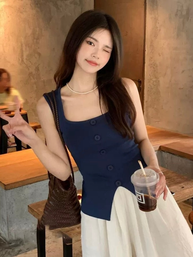 Square Neck Slit Front Buttons Detail Knitted Top