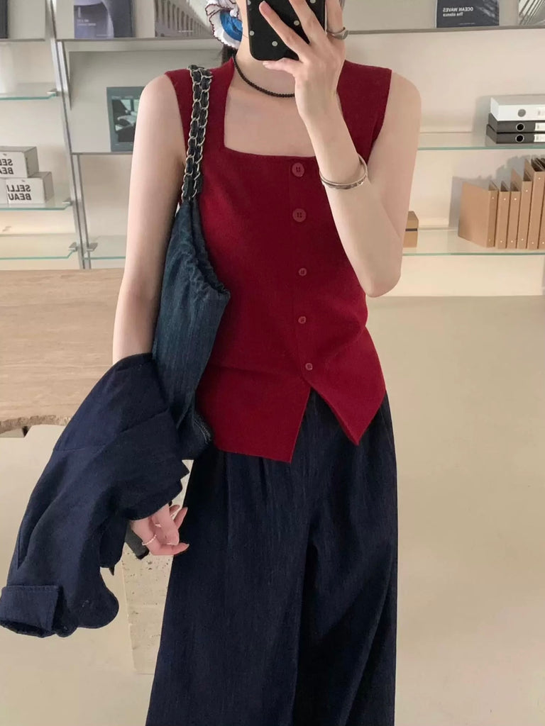 Square Neck Slit Front Buttons Detail Knitted Top