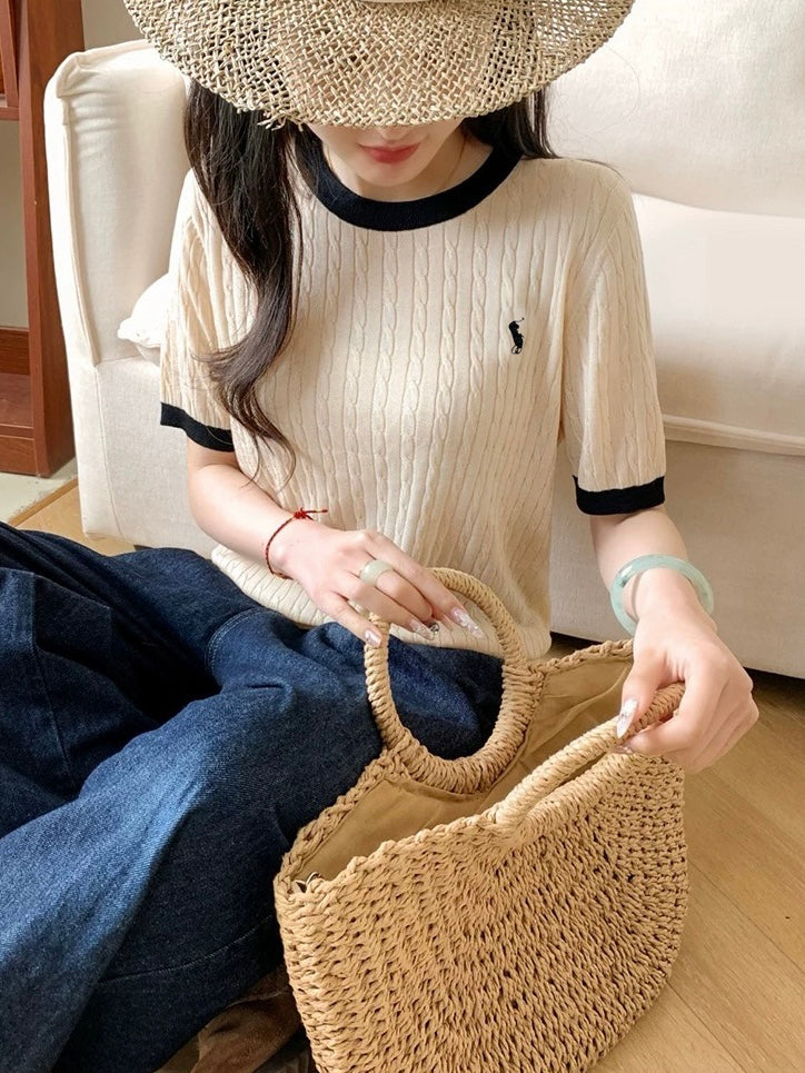 Braided Pattern Embroidery Color Contrast Knitted Top