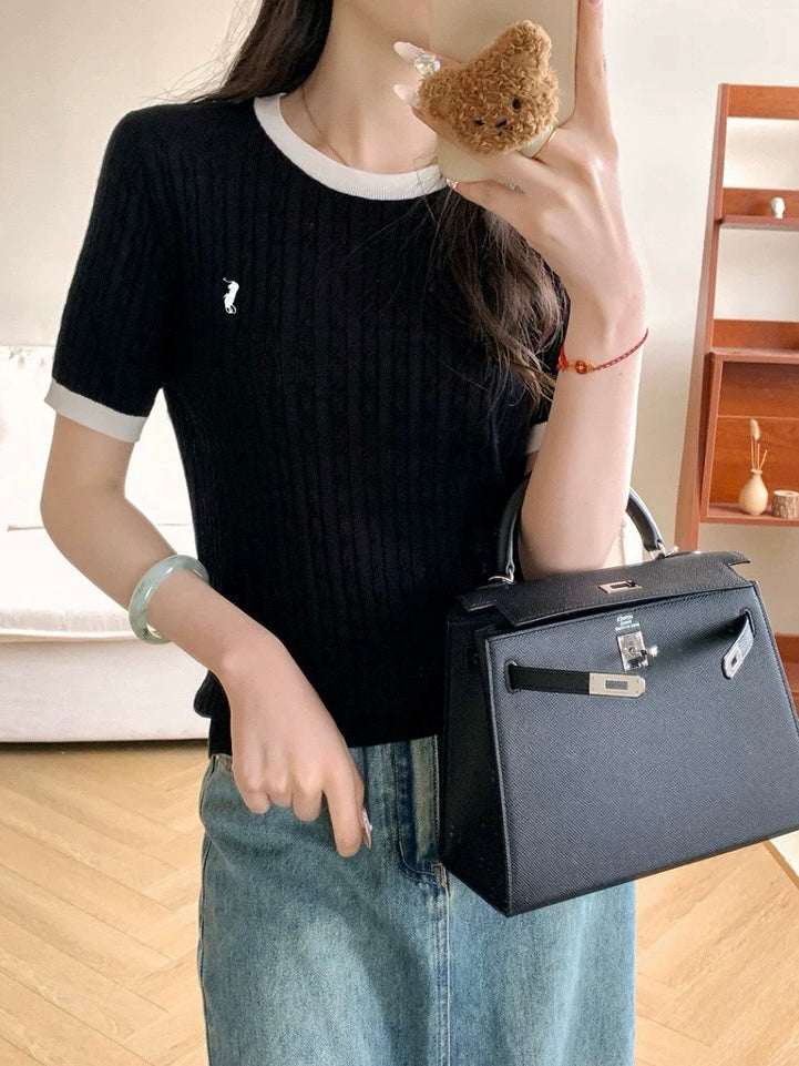 Braided Pattern Embroidery Color Contrast Knitted Top