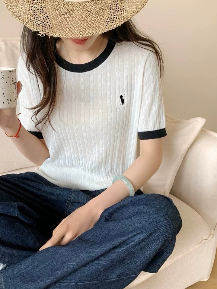 Braided Pattern Embroidery Color Contrast Knitted Top